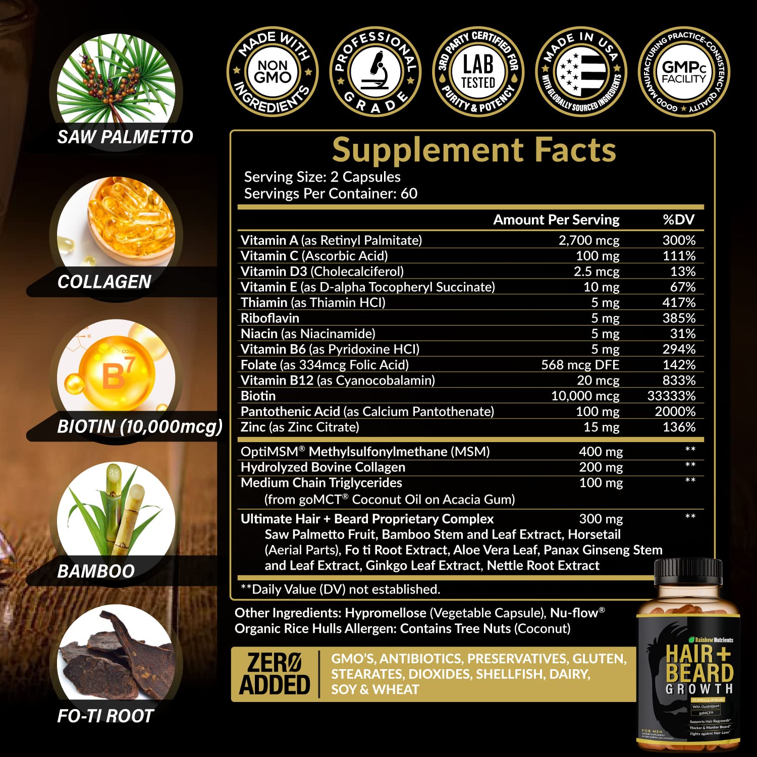 Rainbow Nutrients capsules close-up showing biotin and collagen nutrients.