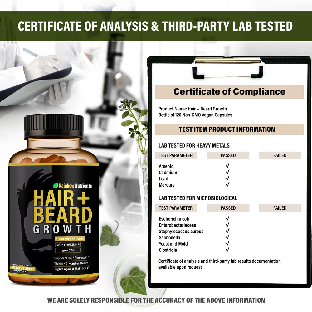 Rainbow Nutrients mens hair supplement bottle with ingredient panel.