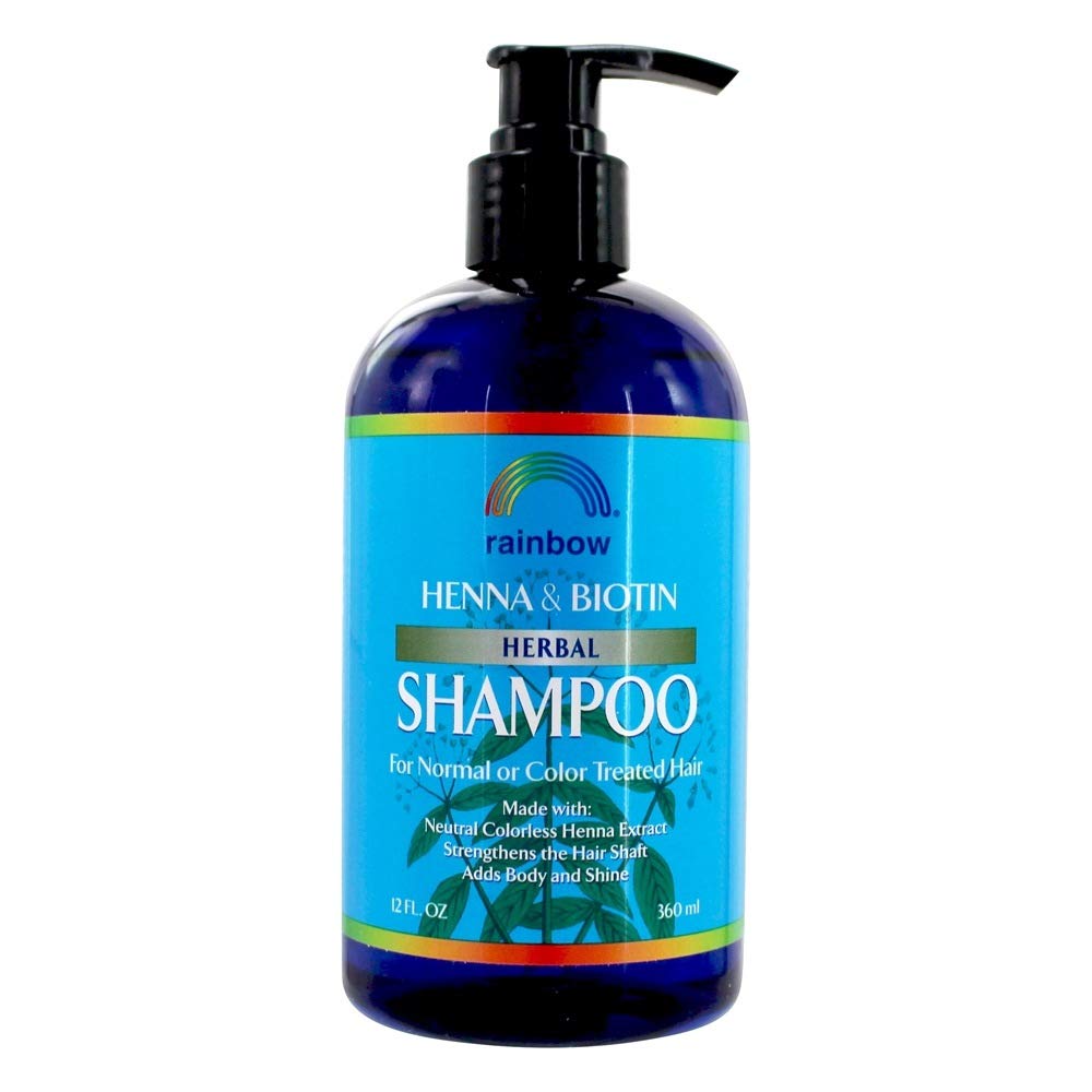 Rainbow Research Organic Herbal Henna Biotin Shampoo bottle highlights color-safe cleansing for natural or color-treated hair.