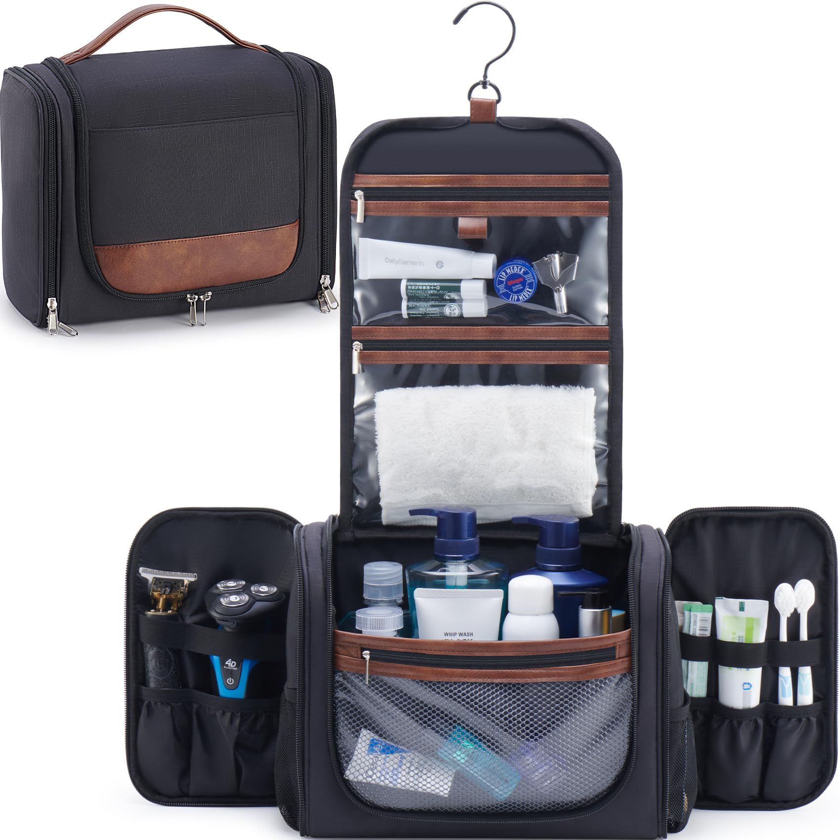Ralnitote large hanging toiletry bag closed, showing compact exterior in black