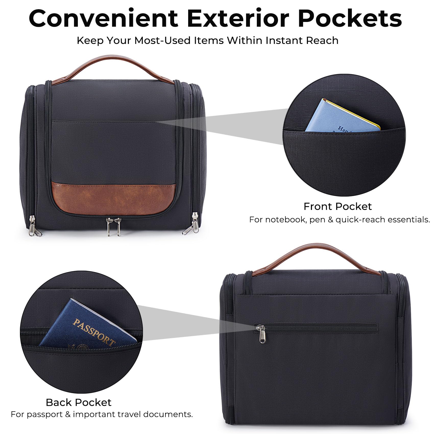 Ralnitote bag side compartments opened 180-degree for quick access to razors and toothbrushes