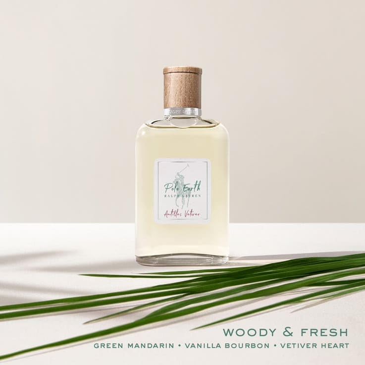 Ralph Lauren Polo Earth bottle side, vanilla Bourbon softening vetiver for smoother wear.