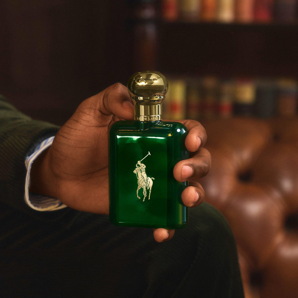Ralph Lauren Polo leather-note close-up hints rugged confidence.