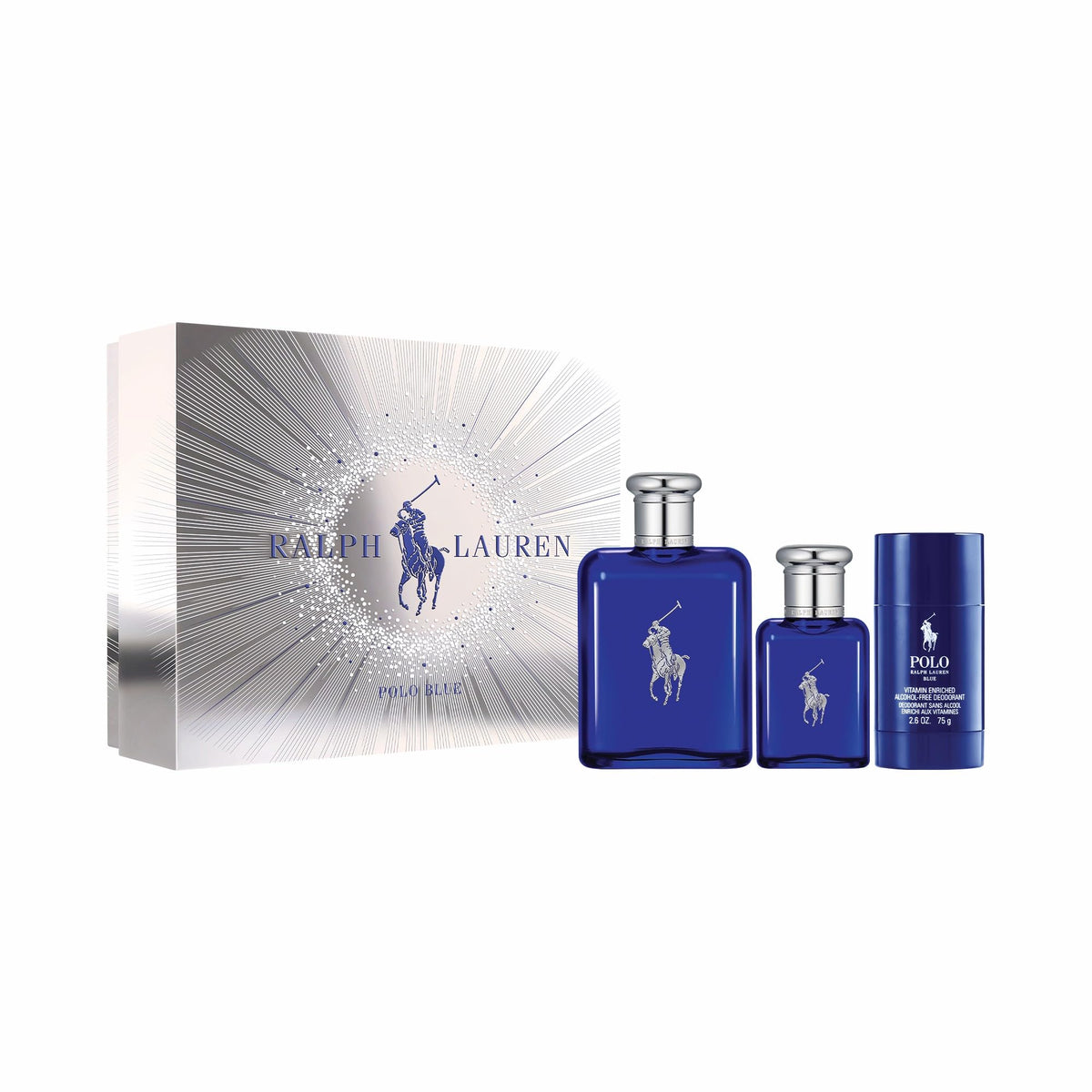 Ralph Lauren Polo Blue full-size EDT bottle in blue glass for daily freshness.