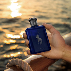 Polo Blue Parfum bottle silhouette in navy, showing modern premium design.