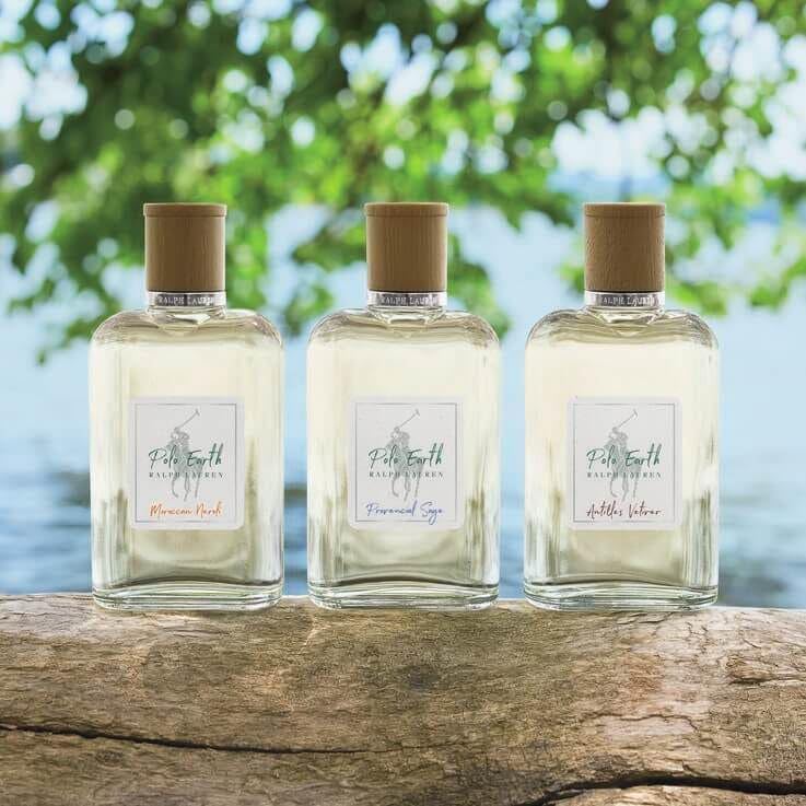 Polo Earth bottle cap and glass shine emphasizing vibrant citrus top notes and lavender nuance