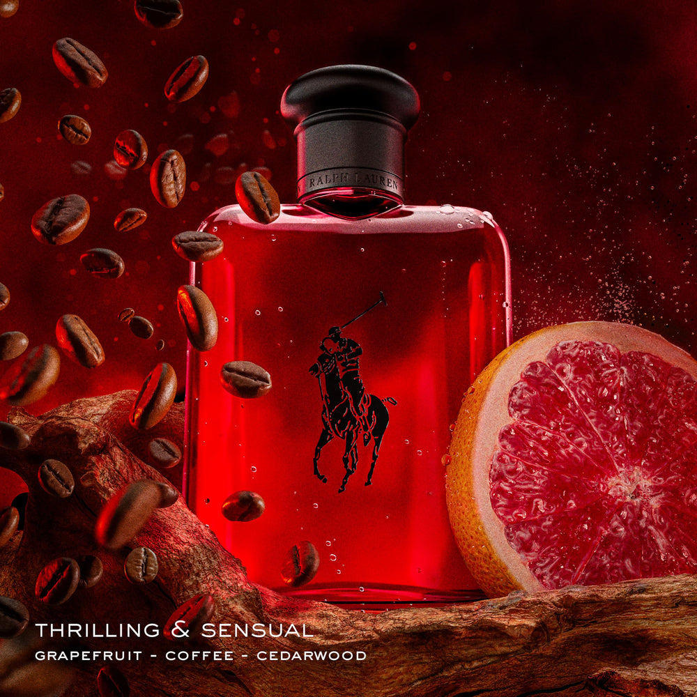 Ralph Lauren Polo Red EDT bottle side profile highlights sleek curves and premium finish for display