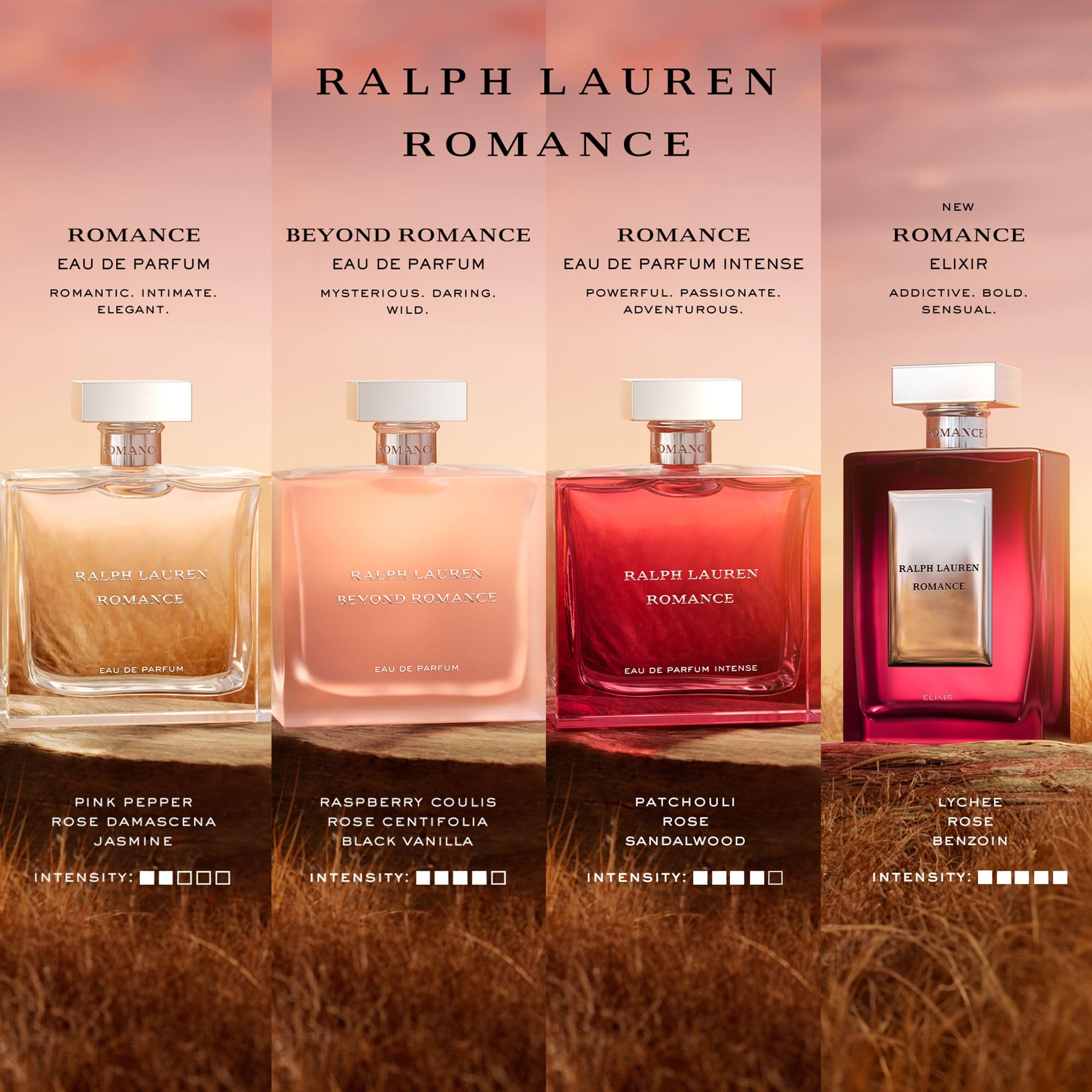 Ralph Lauren Romance Elixir packaging display, premium feminine fragrance presentation.