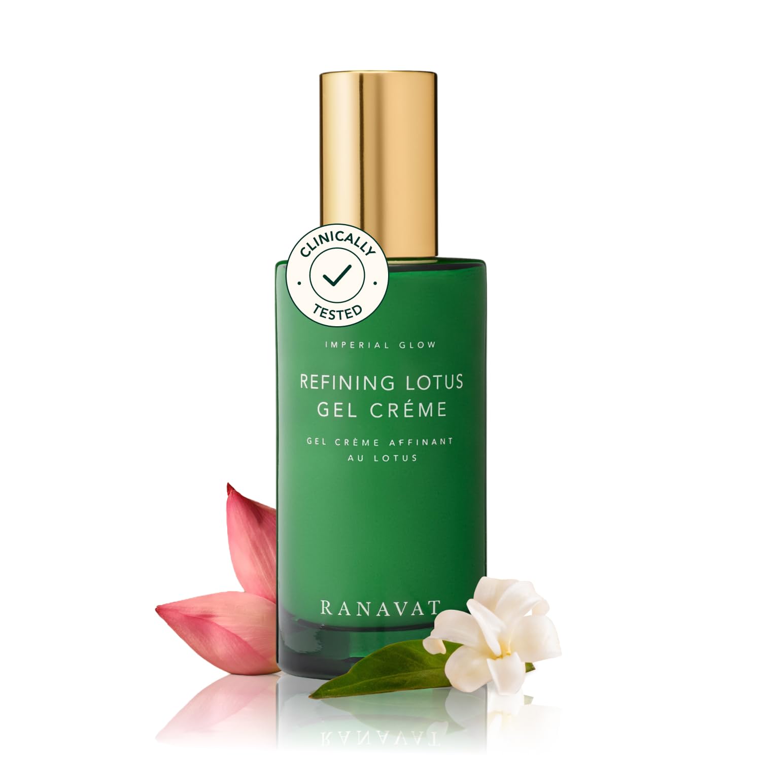RANAVAT BOTANICS Refining Lotus Gel Cream bottle glows with lightweight hydration for radiant skin.