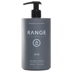 Range Essentials Rise bottle pour shows bergamot and black spruce for a refreshing cleanse.