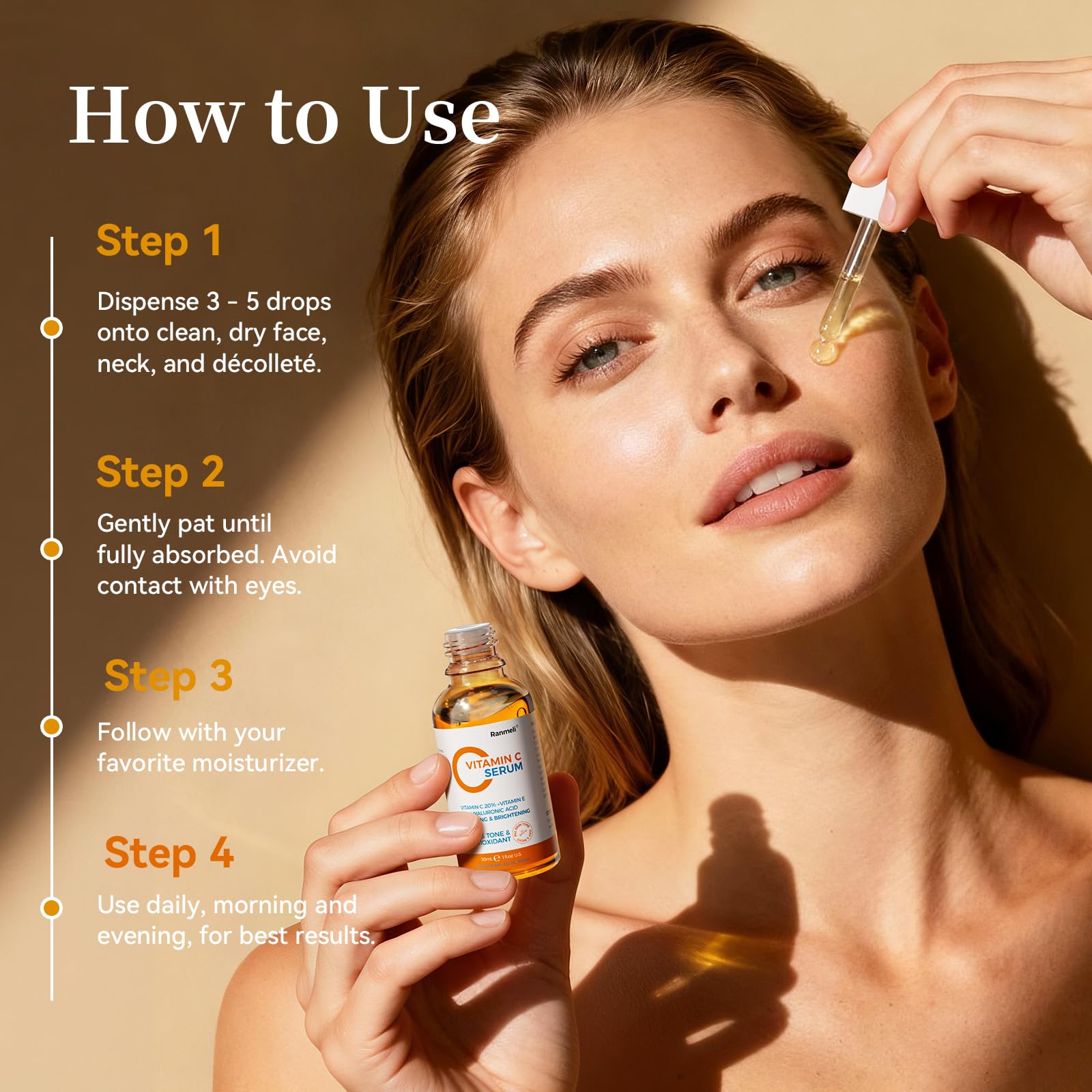 ranmeli Vitamin C Serum application demonstrates daily use under sunscreen