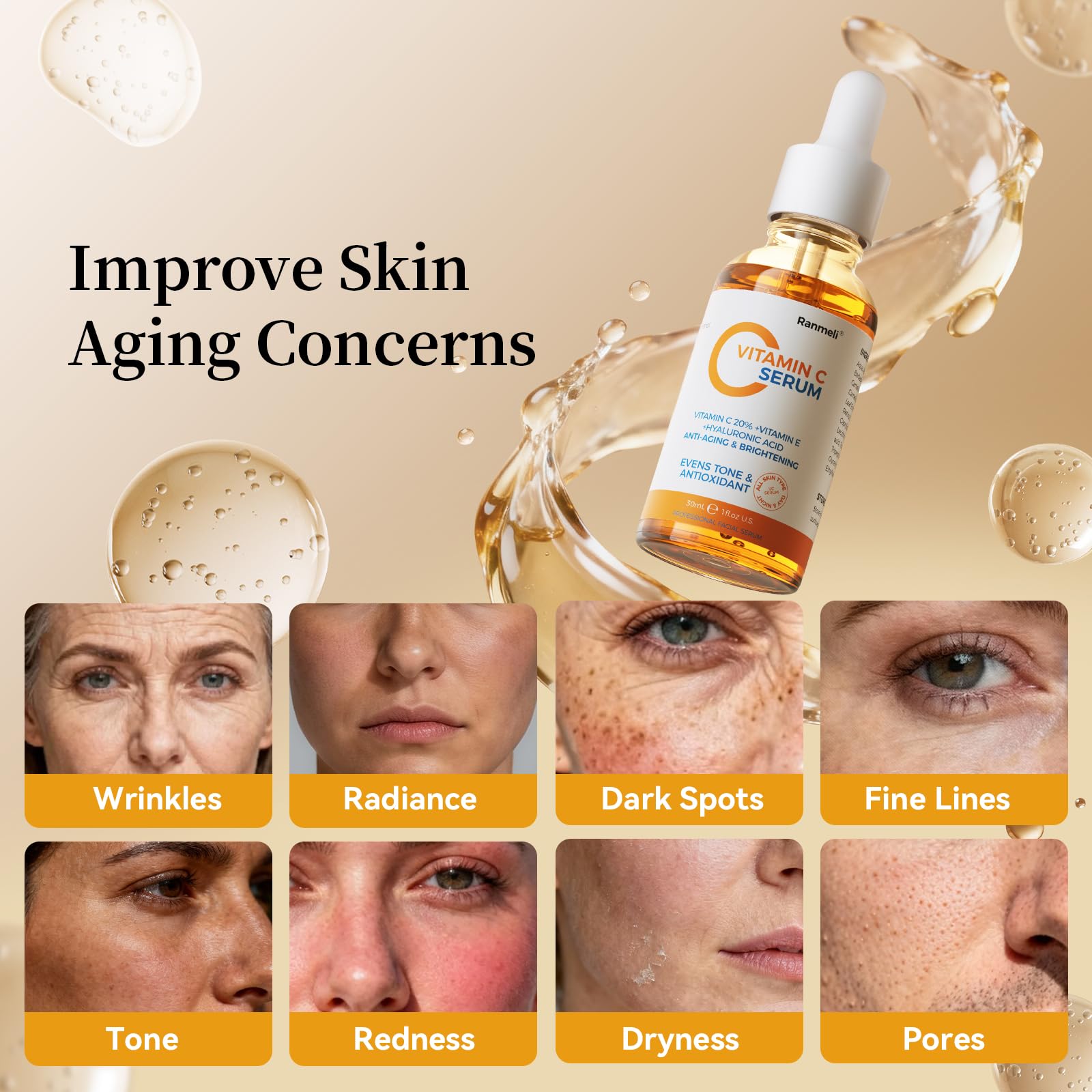 ranmeli Vitamin C Serum hyaluronic acid graphic emphasizes hydration and plump skin