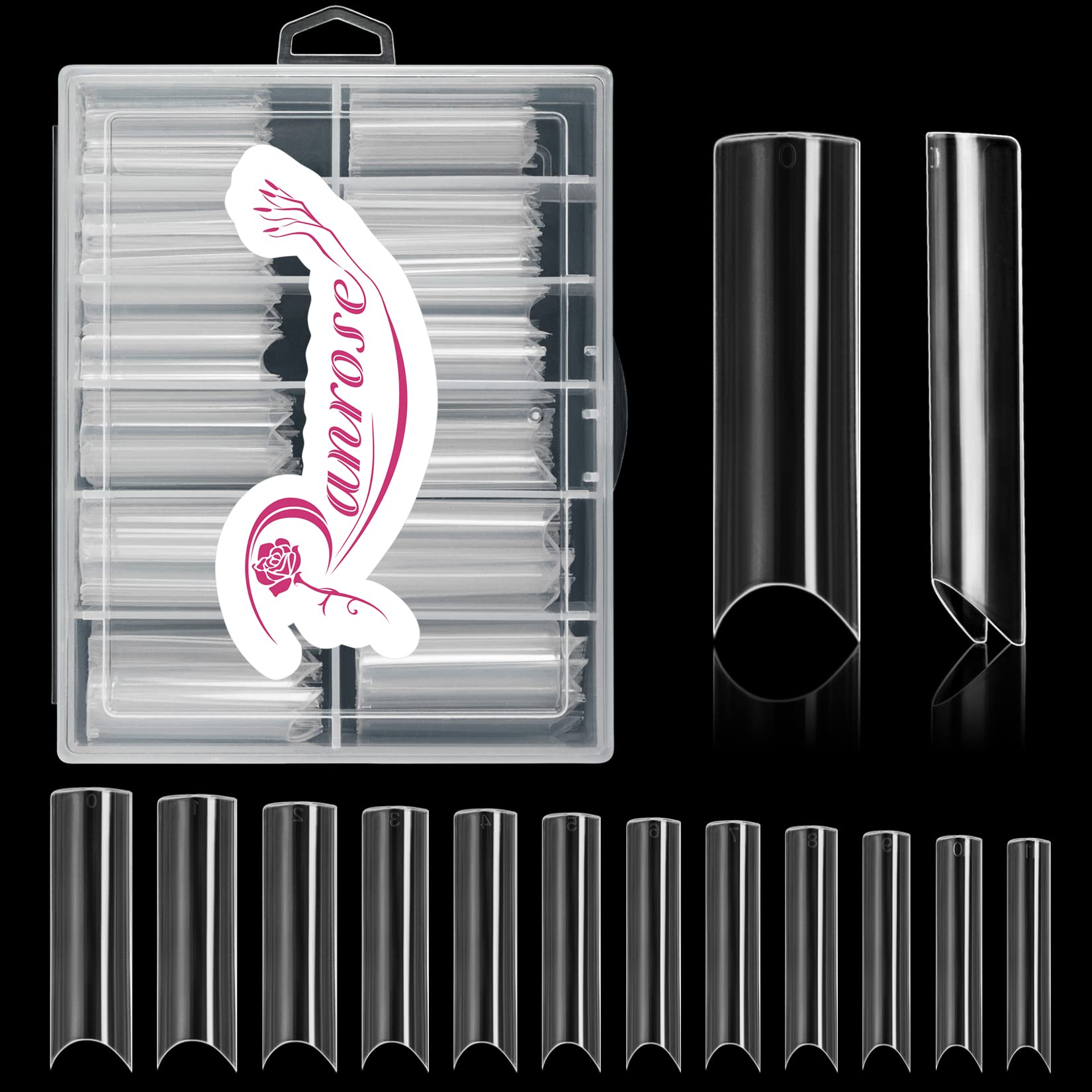 Ranrose extra-long half-cover square tips in a box for precise size selection.