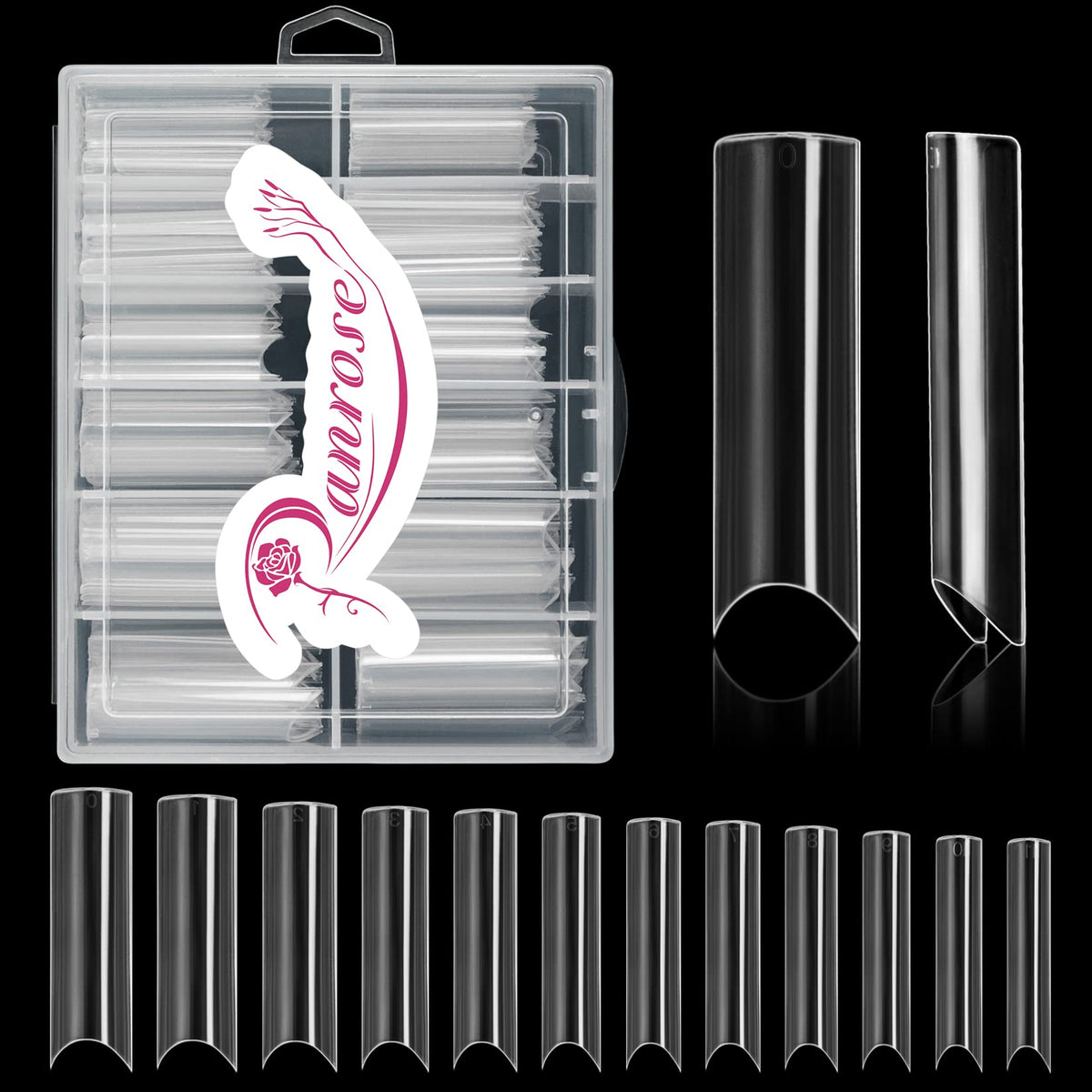 Ranrose extra-long half-cover square tips in a box for precise size selection.