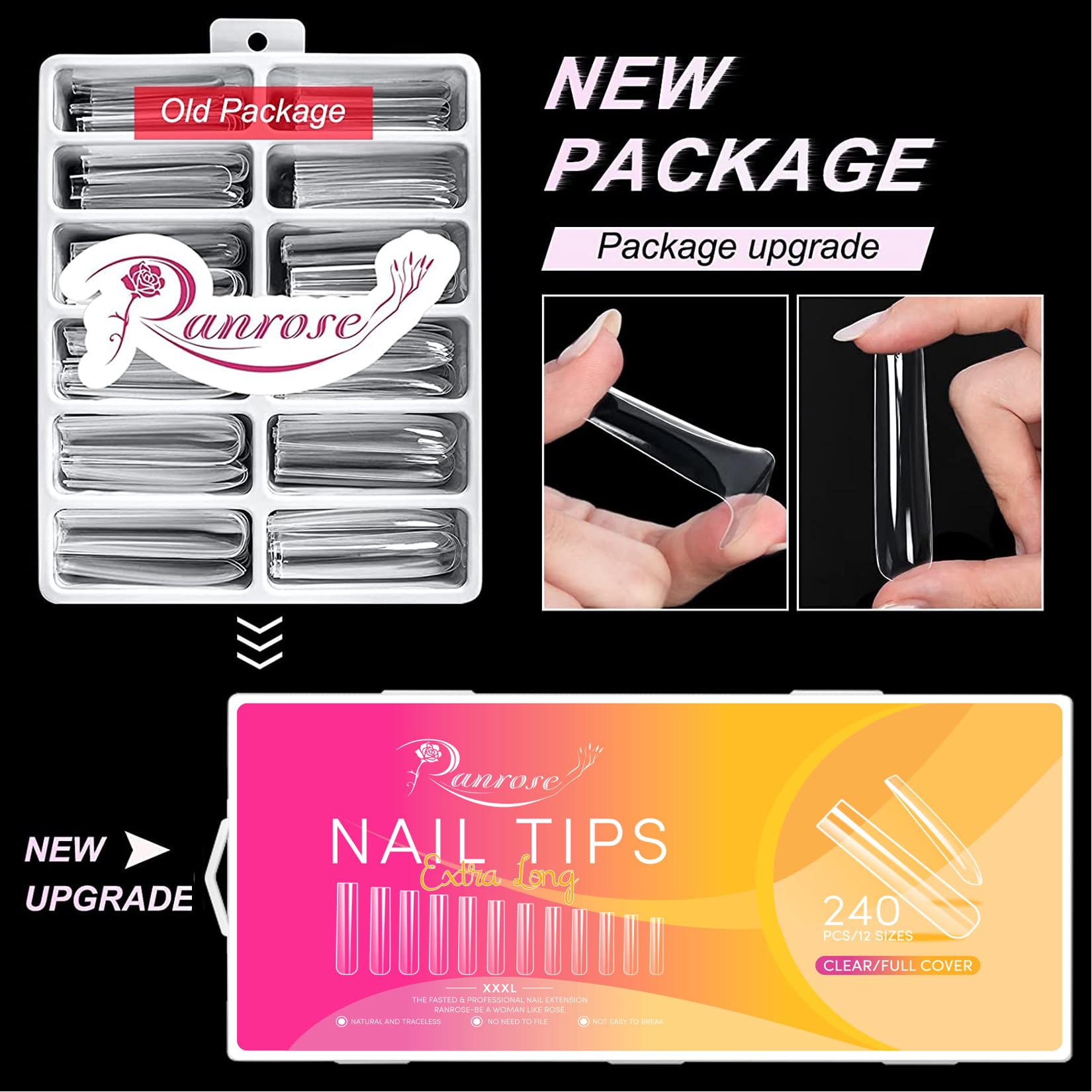 Ranrose XXXL clear square nail tips for dramatic nail art.