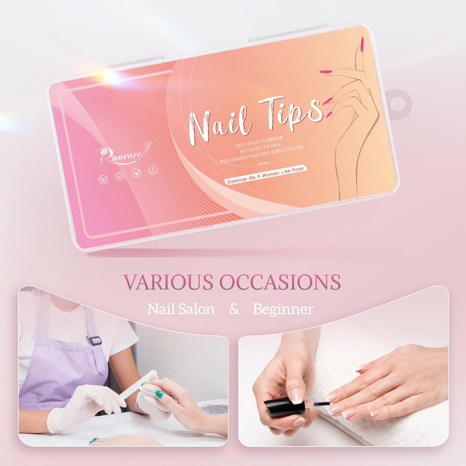 Ranrose half-cover almond nail tips ABS for natural look
