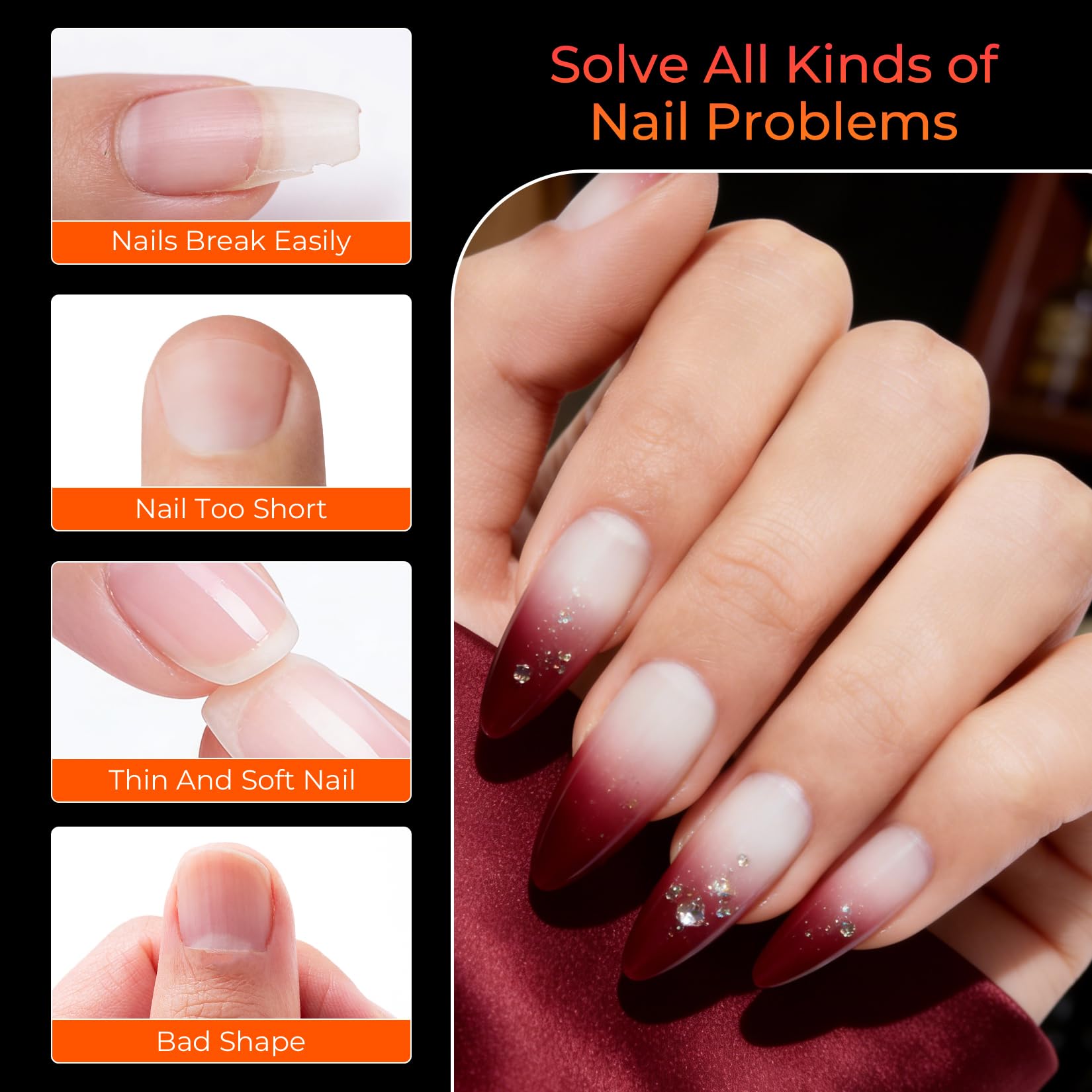 Ranrose soft gel almond nail tips designed for bend resistance.