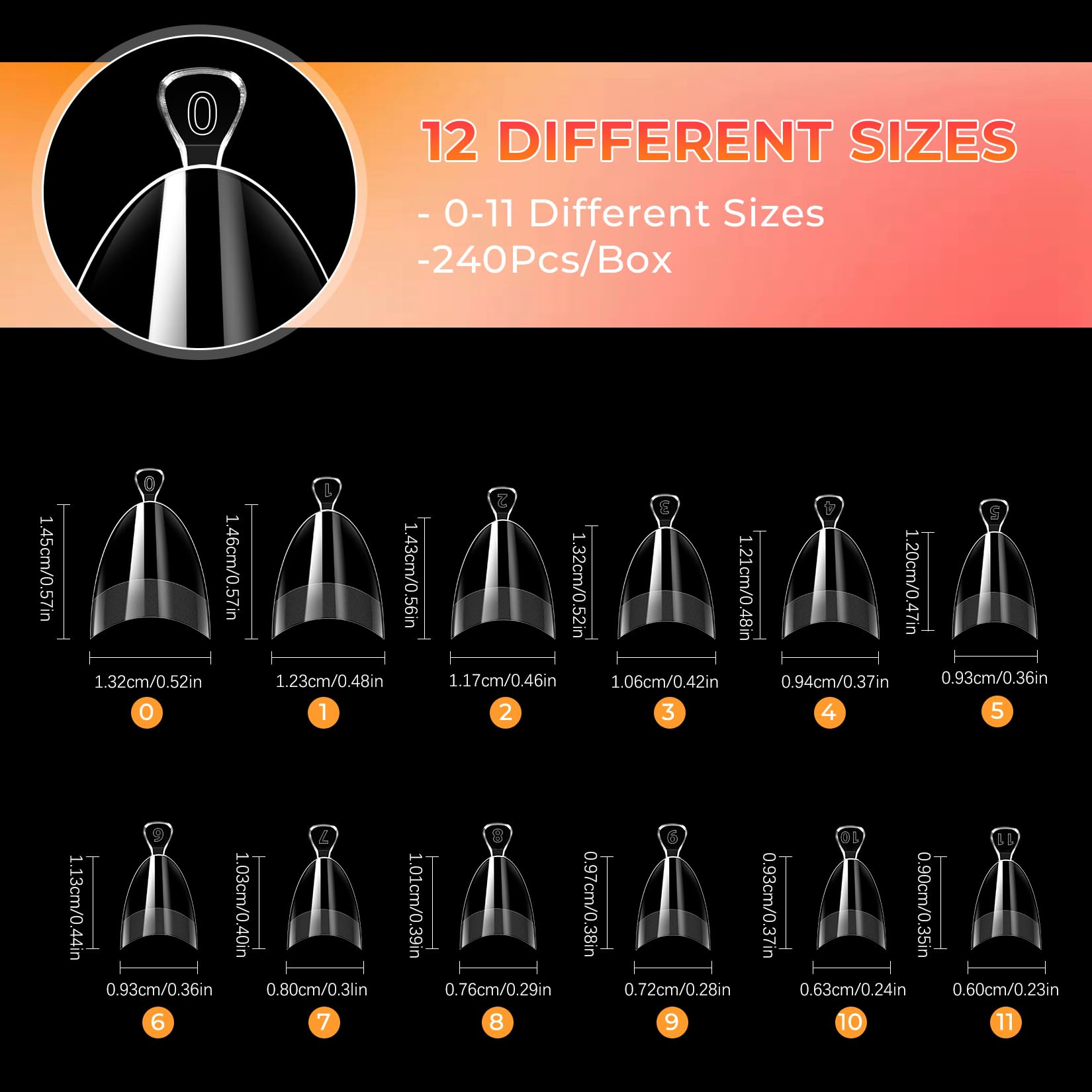 Ranrose twelve-size almond tips fitting a wide range of nails.