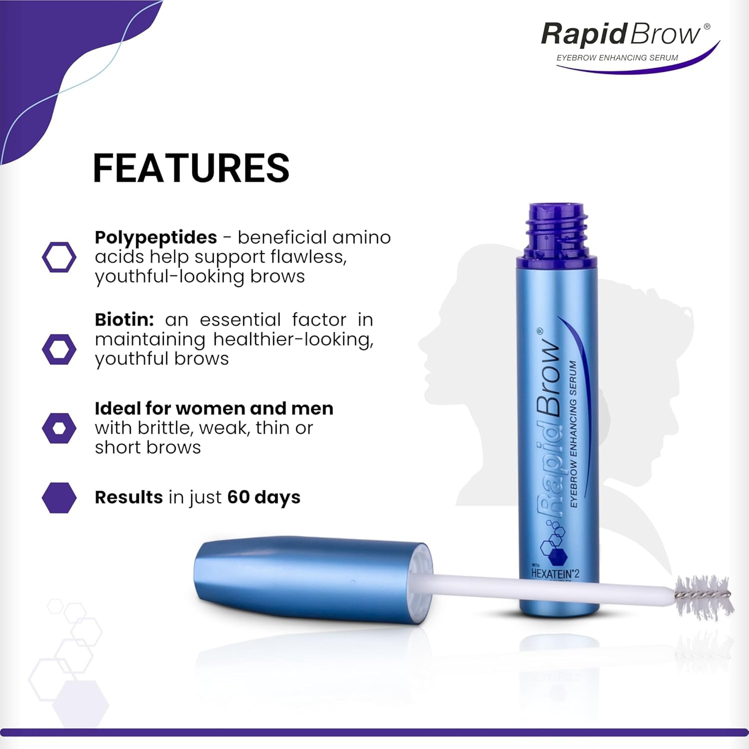RapidBrow HEXATEIN 2 complex closeup emphasizing six-key ingredients.