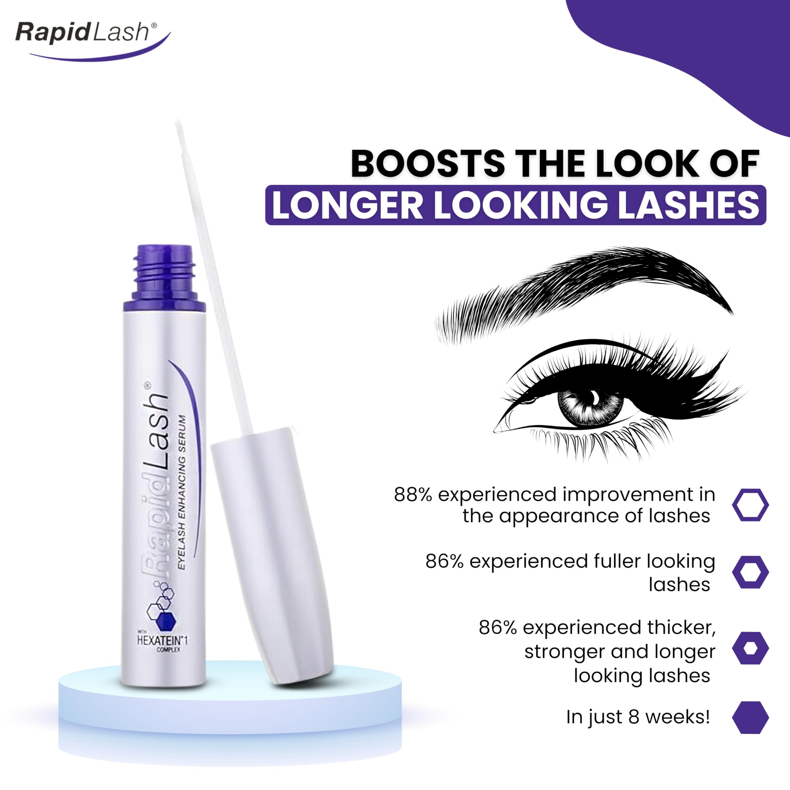 RapidLash lashes before-after montage shows fuller appearance.