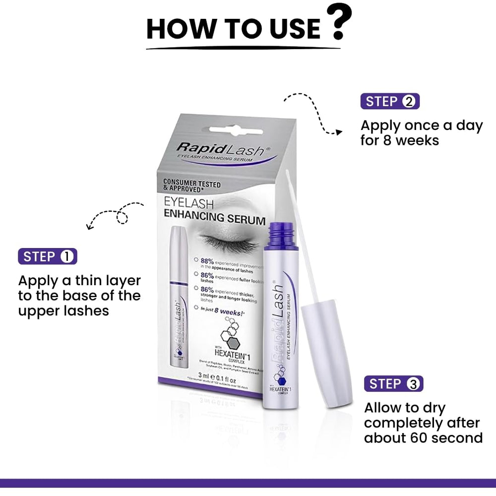 RapidLash serum dispense swipe illustrating simple nightly use.