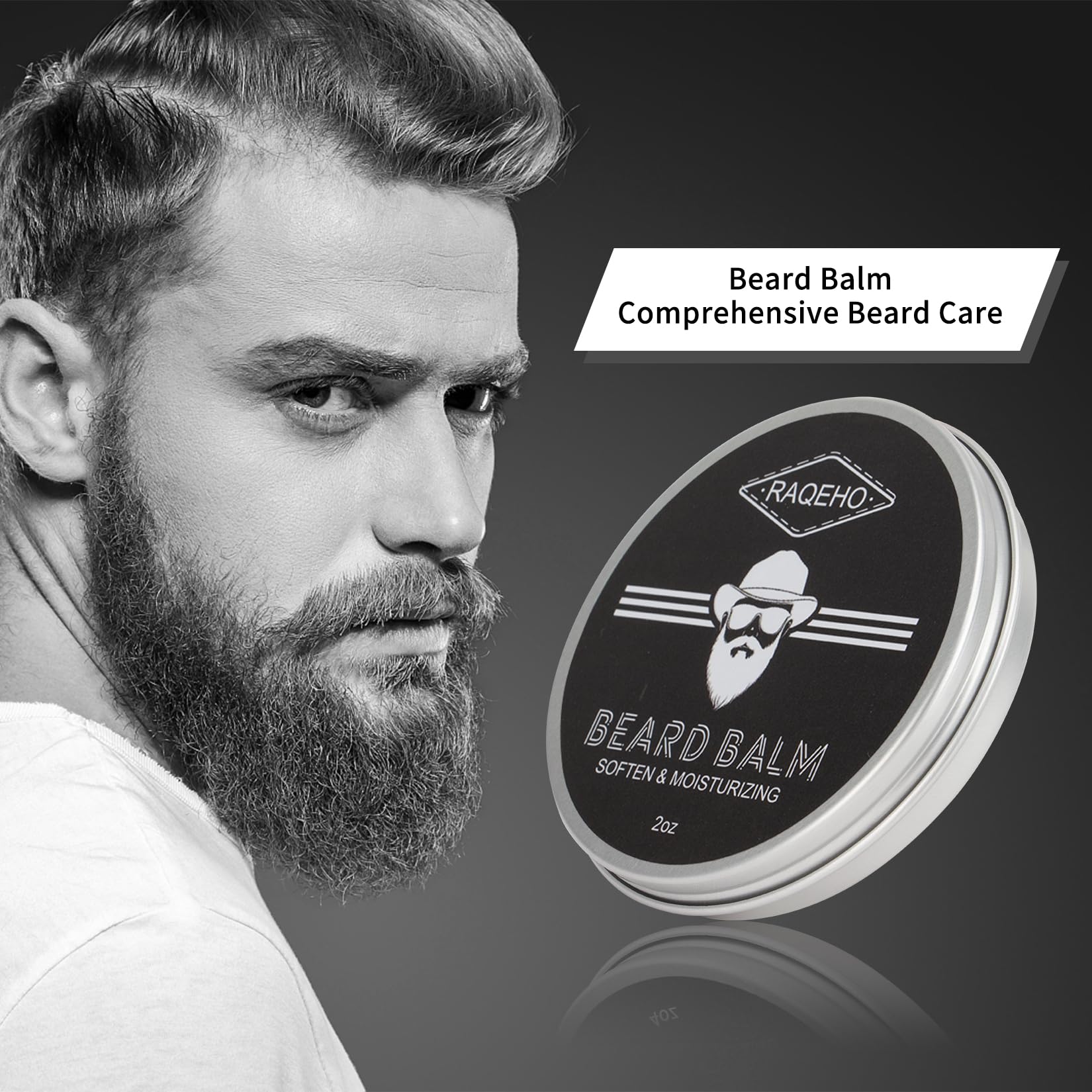 RAQEHO beard balm close-up showing moisturized, itch-free beard.