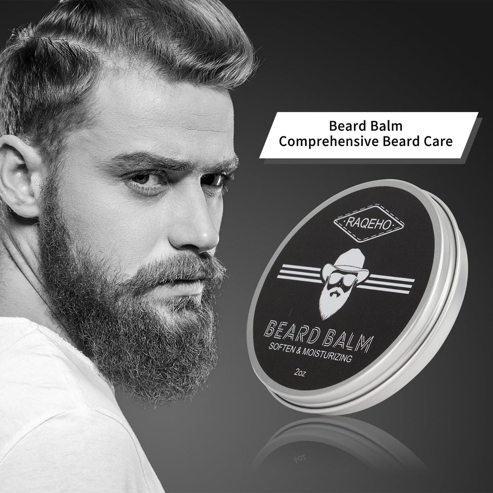 RAQEHO beard balm close-up showing moisturized, itch-free beard.