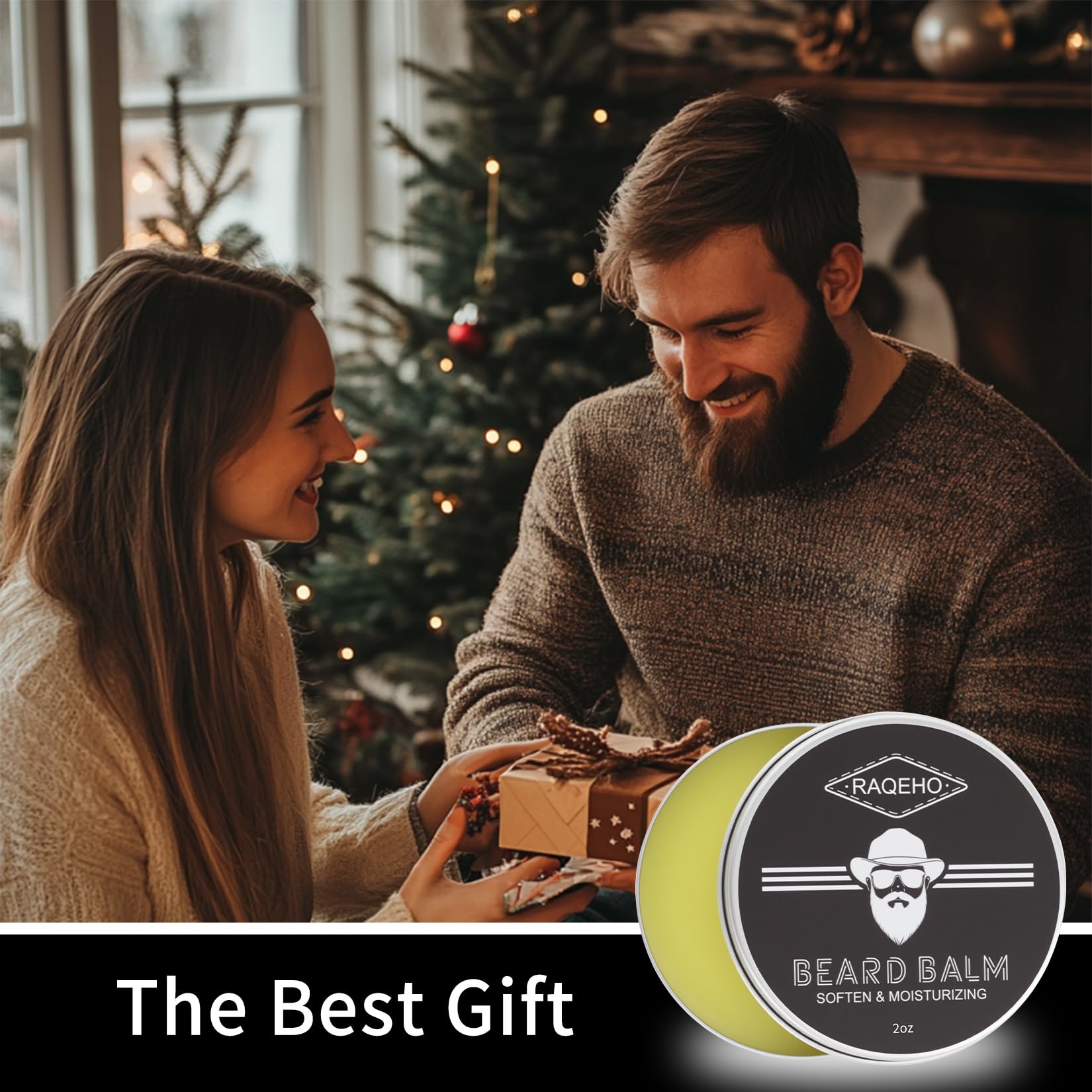 RAQEHO beard balm packaging on shelf, ideal for gifting.