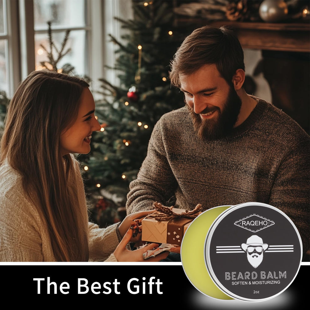 RAQEHO beard balm packaging on shelf, ideal for gifting.