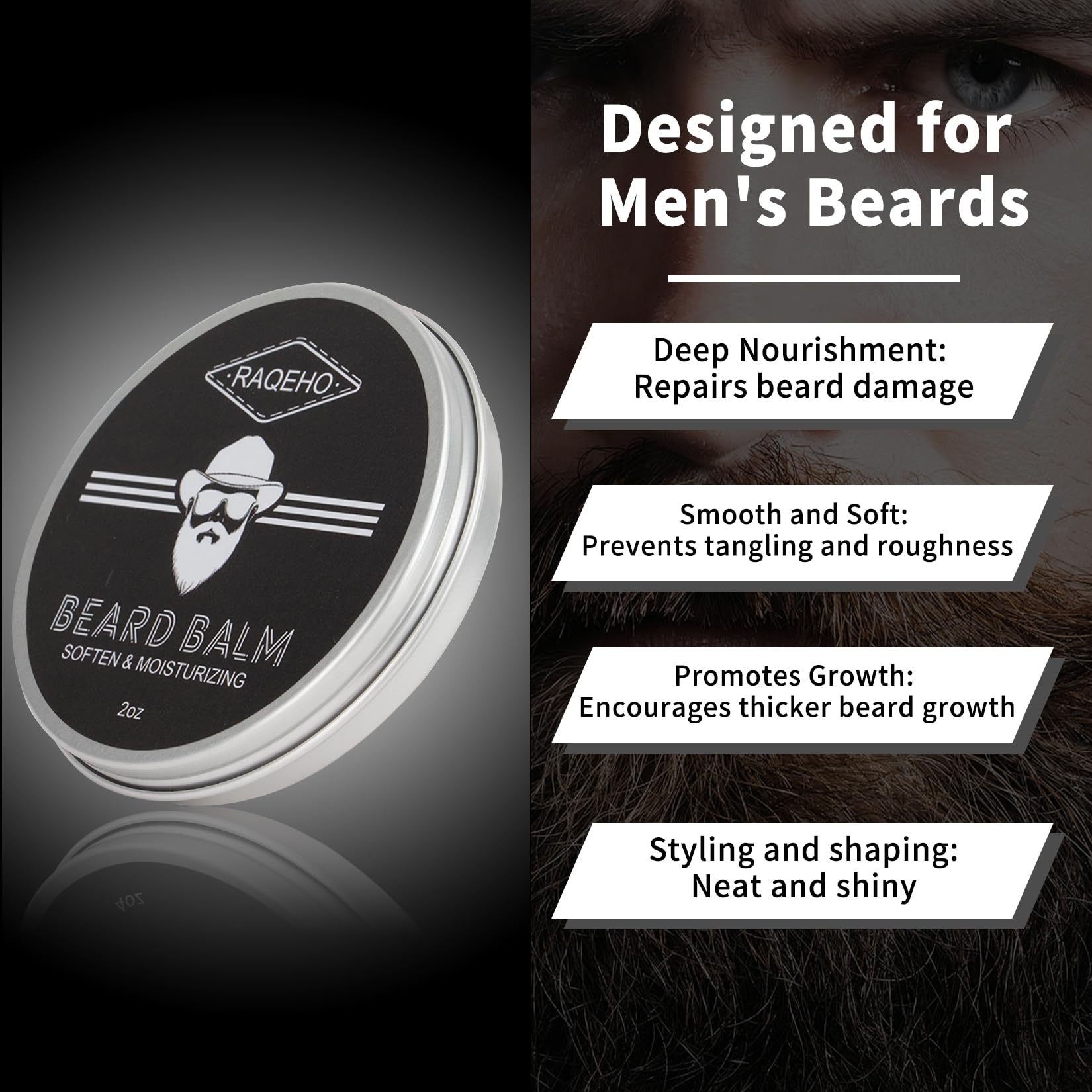 RAQEHO beard balm on a styled beard delivering a neat shape.