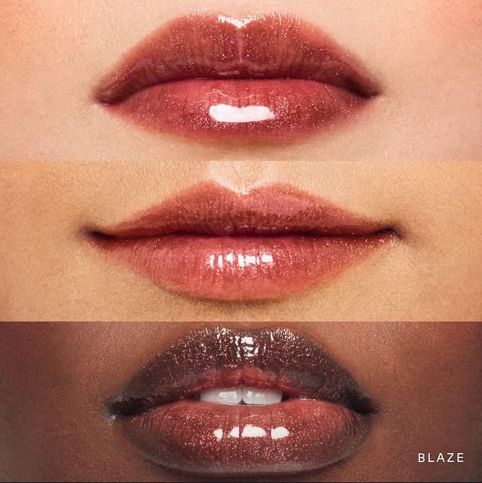 Rare Beauty Blaze gloss swatches showing prismatic shimmer for a glass-like lip finish.