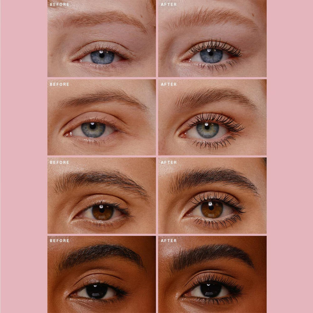 Rare Beauty close-up lashes with mascara show defined, clump-free results.