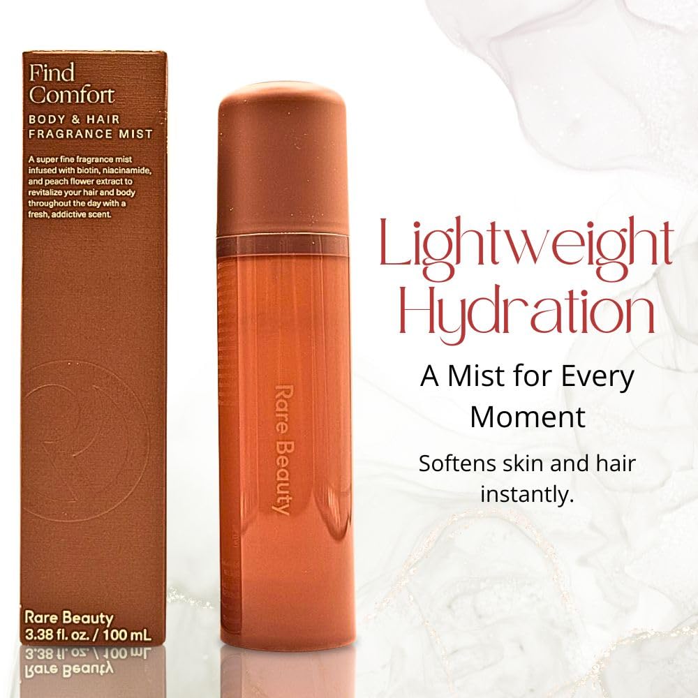 Rare Beauty Comforting Mist cashmere wood adds cozy warmth.
