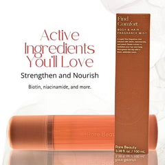 Rare Beauty Comforting Mist jasmine petal adds gentle aroma.