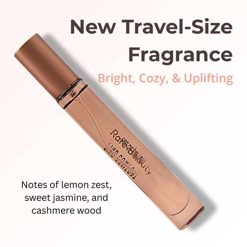 Rare Beauty Find Comfort fragrance mini bottle showcases portable aroma for light daily spritz.