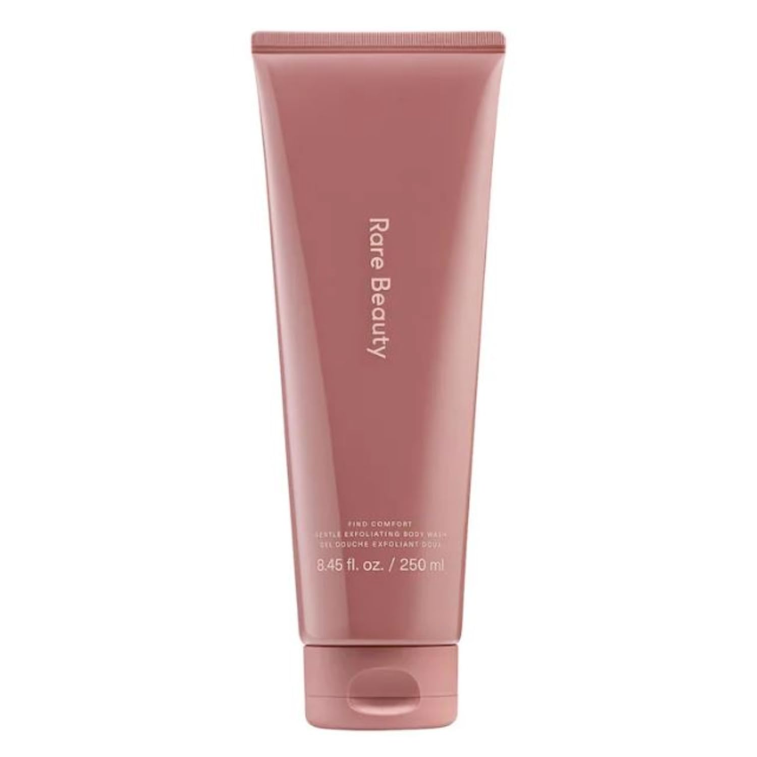Rare Beauty Find Comfort bottle for exfoliating body wash promotes gentle exfoliation for smoother skin
