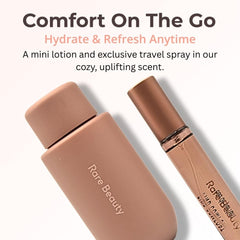 Rare Beauty Find Comfort lotion mini cream swirl highlights rich texture for quick moisturization.