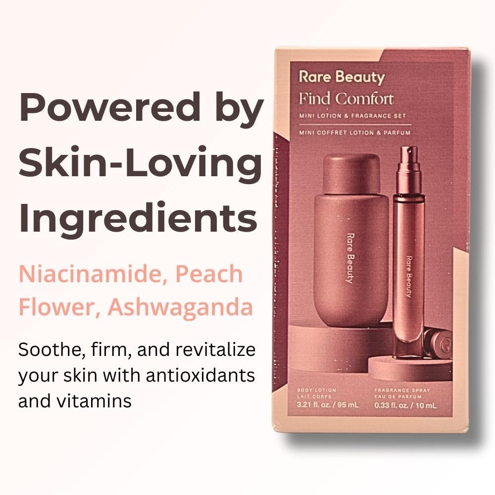 Rare Beauty Find Comfort lotion mini packaging emphasizes travel-friendly skincare routine.