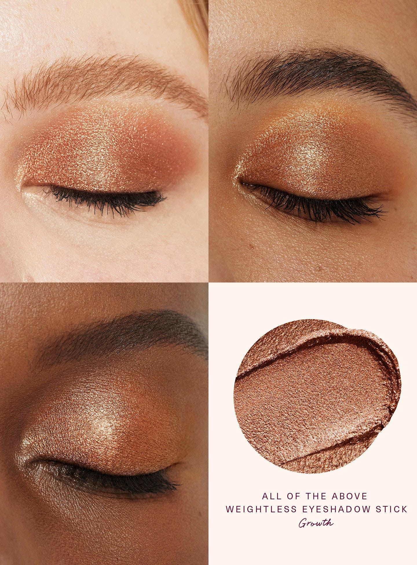 Rare Beauty Growth eyeshadow stick in use demonstrates long-lasting, water-resistant color.