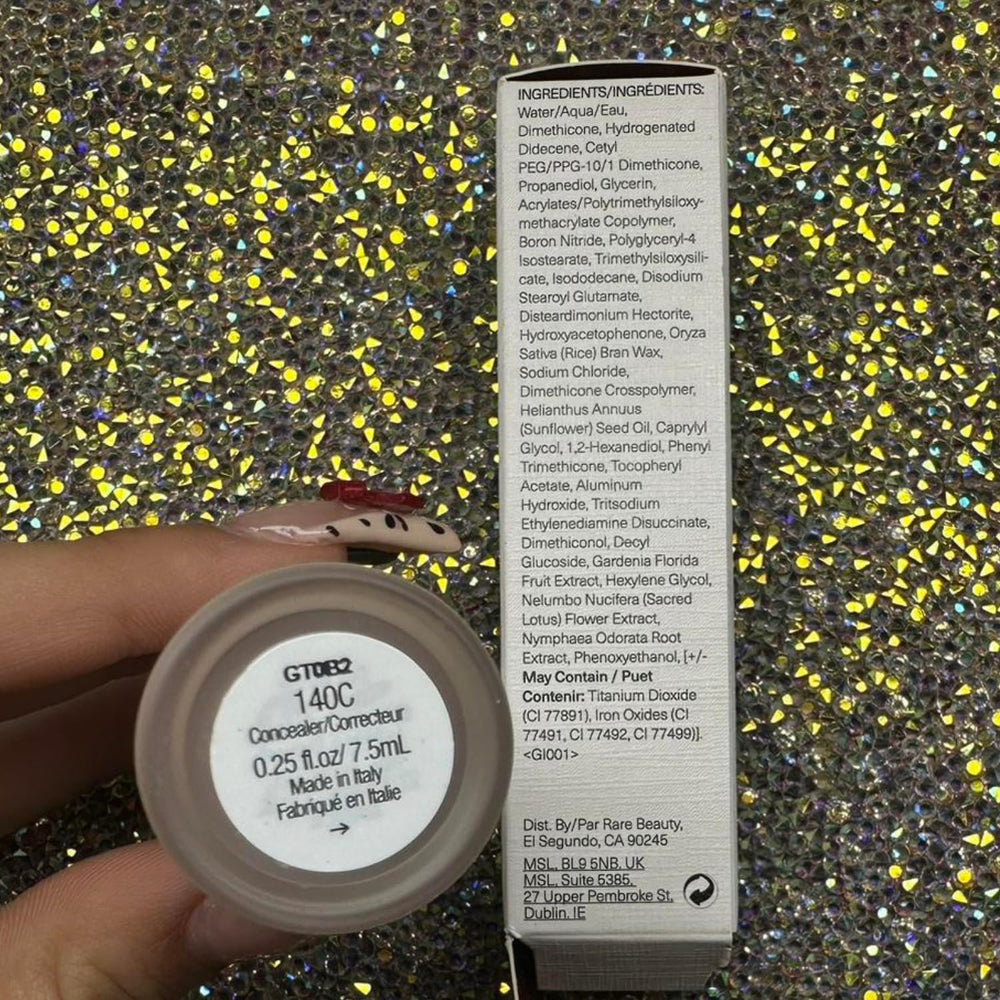 Rare Beauty concealer swatches 140C on skin for shade match and coverage options.