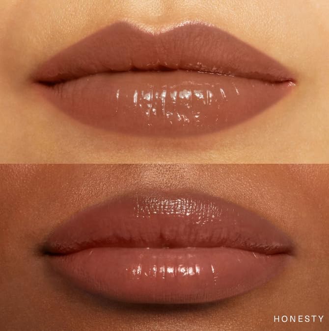 Rare Beauty Soft Pinch Lip Oil Honesty swatch shows glossy first, then tinted finish