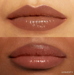 Rare Beauty Soft Pinch Lip Oil Honesty swatch shows glossy first, then tinted finish