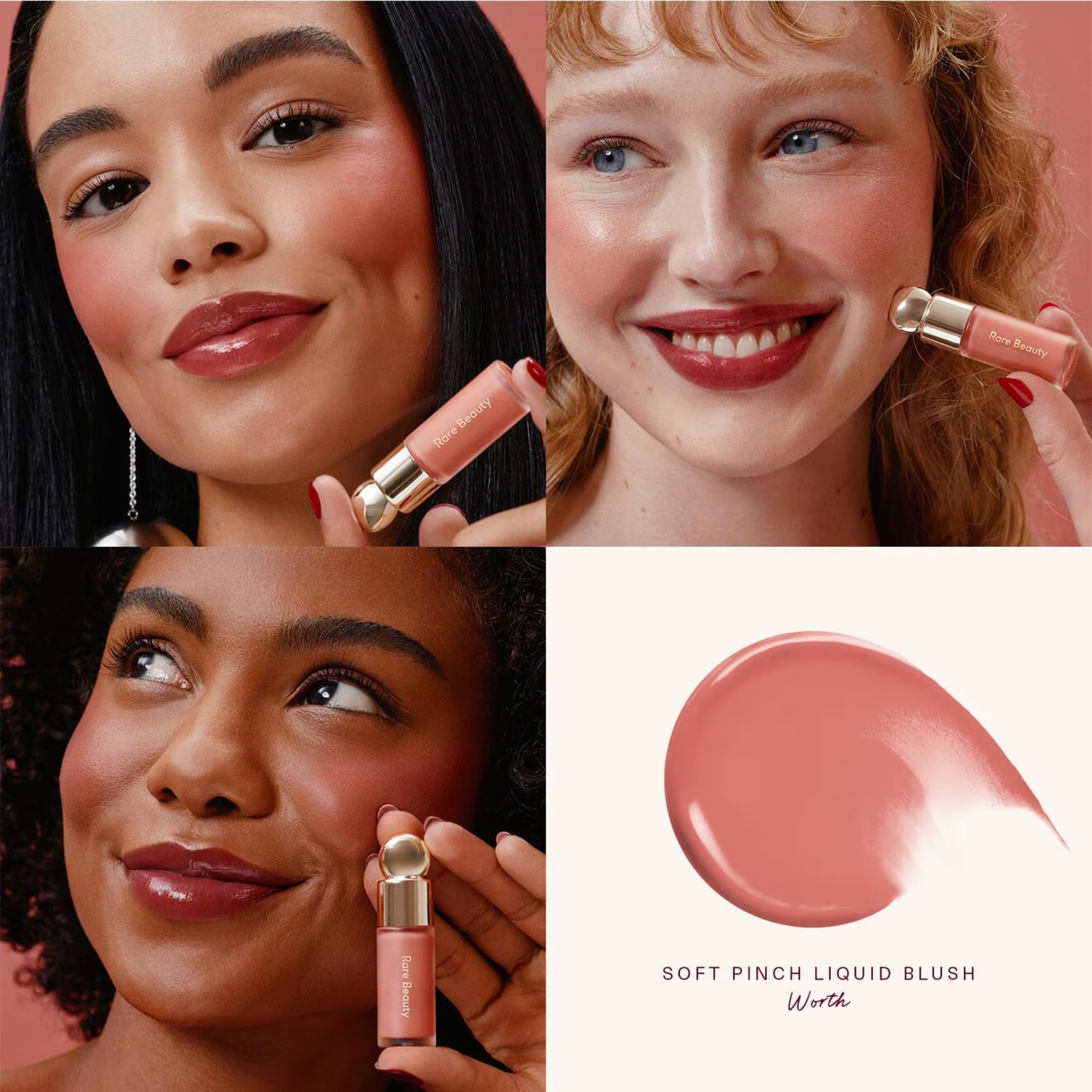 Rare Beauty Soft Pinch Trio in use on cheeks and lips for cohesive look.