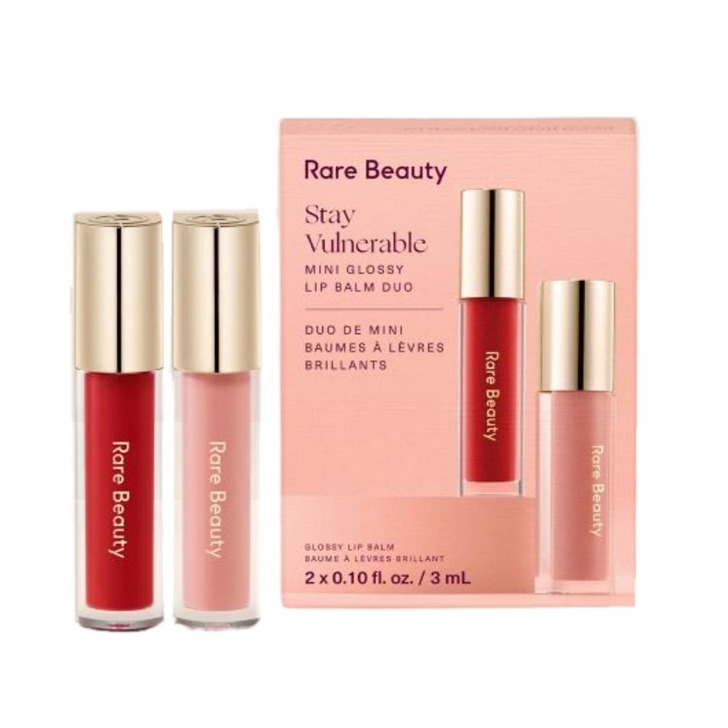 Rare Beauty Stay Vulnerable mini gloss lip balm Nearly Petal delivers soft pink shine and hydration.