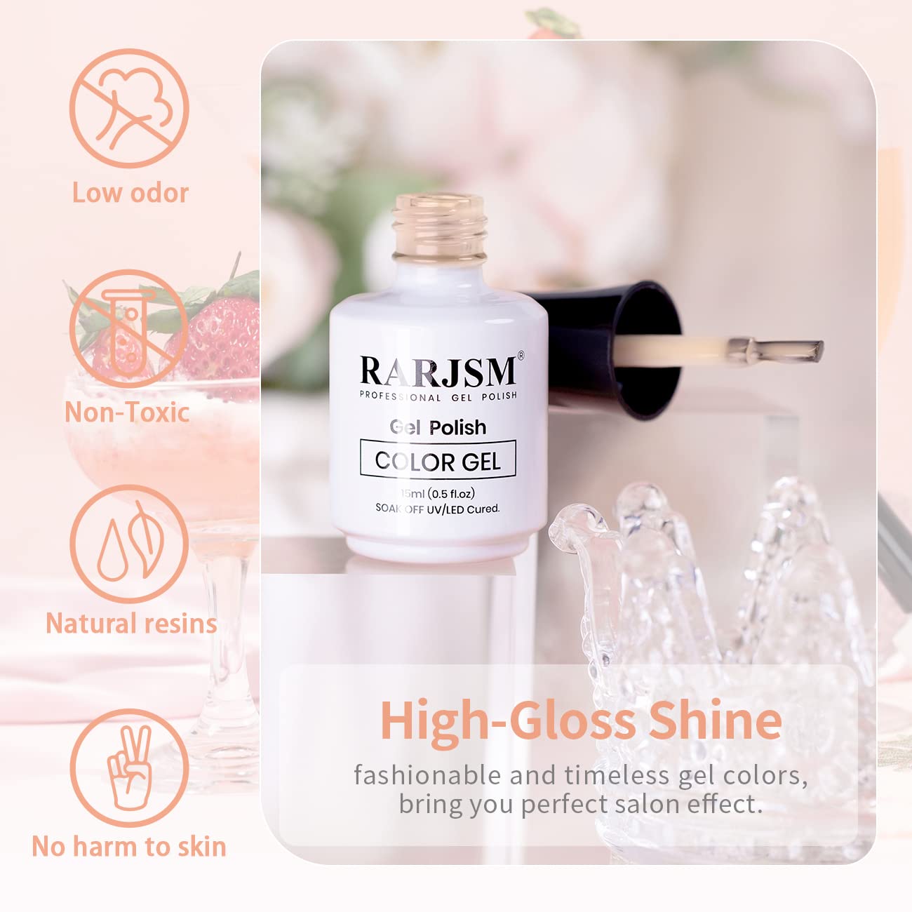 RARJSM Apricot Nude gel polish base and top coat recommended for glossy finish.