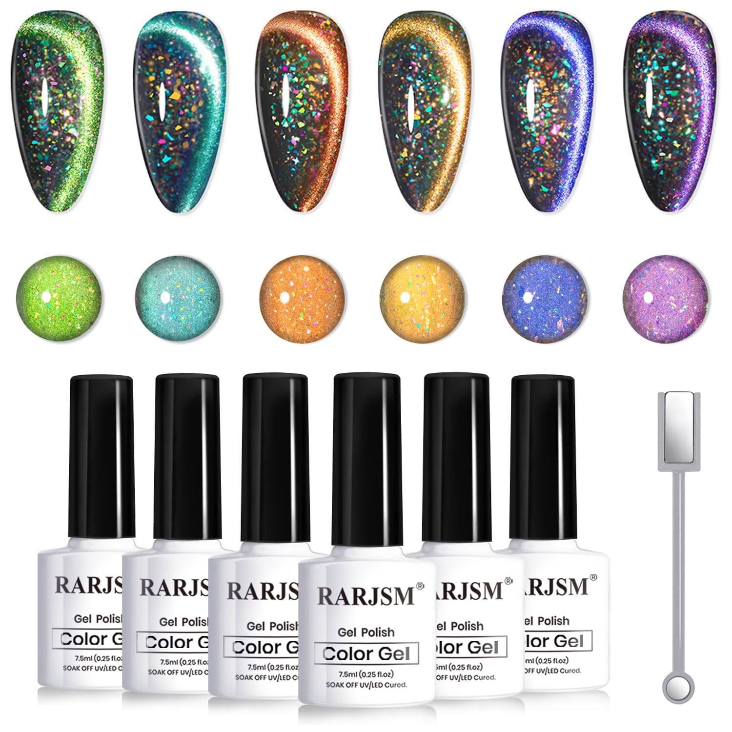 RARJSM cat eye polish set with six iridescent shades for versatile at-home nail art