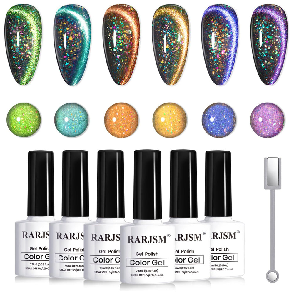 RARJSM cat eye polish set with six iridescent shades for versatile at-home nail art