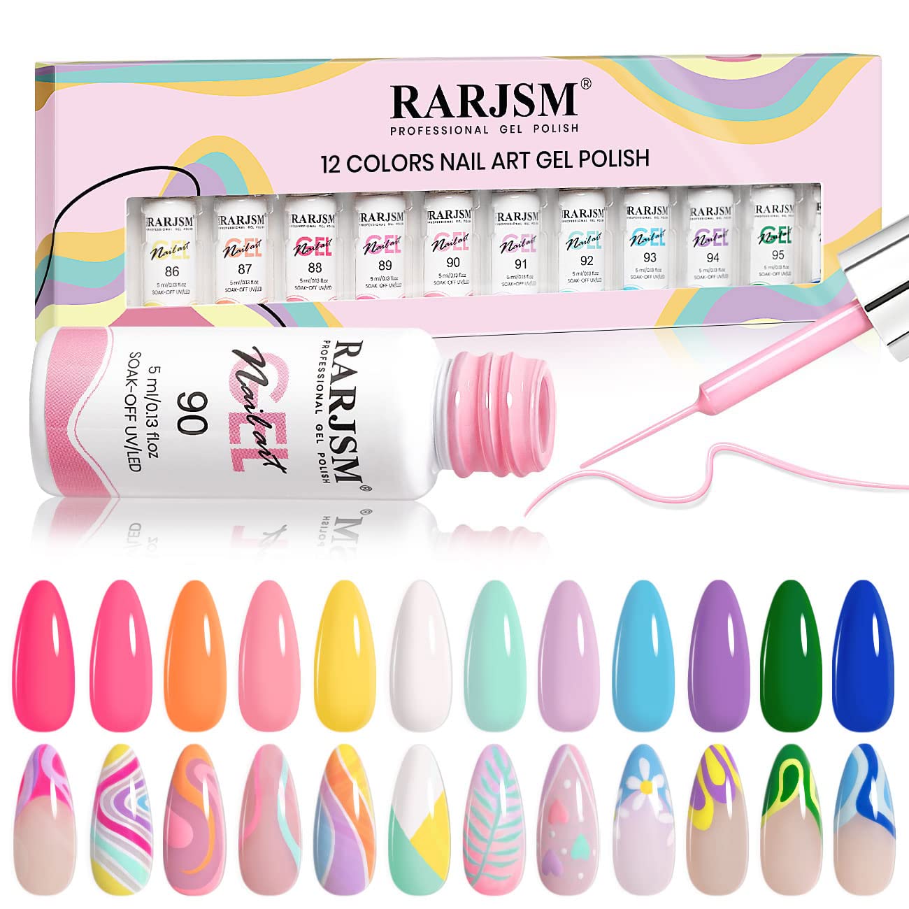 RARJSM gel liner pastel swatches show vibrant color options for creative nails