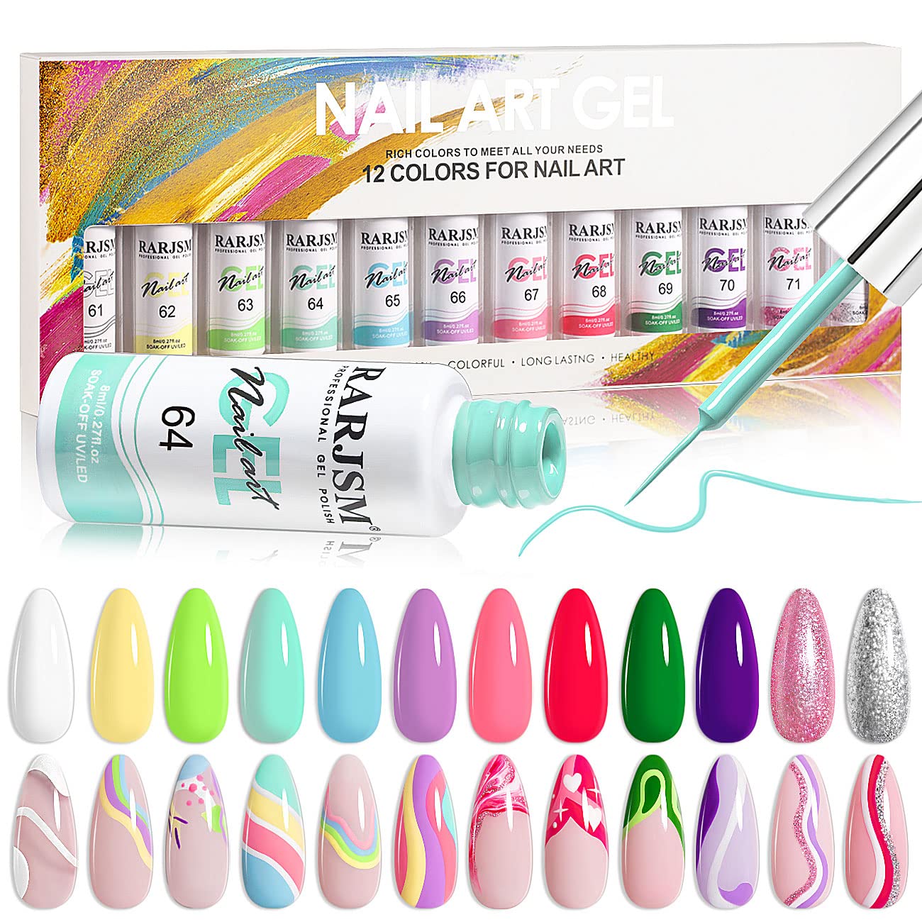 RARJSM gel-liner set white for precise nail art and smooth color application.