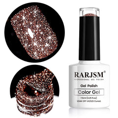 RARJSM caramel brown glitter gel polish bottle with shimmering finish for bold nails.